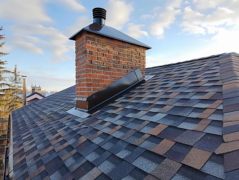 A brick chimney with a metal cap extends from a shingled roof on a house, expertly maintained by a roofer in Winter Haven, under a partly cloudy sky.