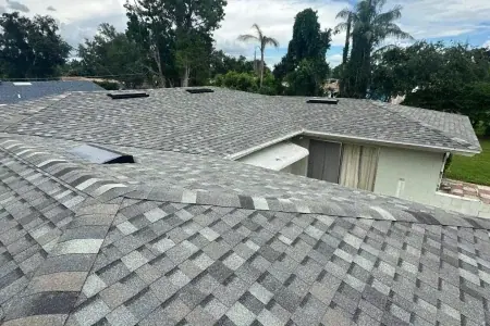 View of a residential rooftop with gray asphalt shingles, surrounded by trees and a partly cloudy sky—expertly installed by Budget Roofing Service Inc, your trusted roofing company in Winter Haven.