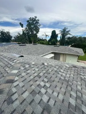 View of a residential roof with gray asphalt shingles, surrounded by trees and a cloudy sky—expertly installed by Budget Roofing Service Inc, a trusted roofing company in Winter Haven.