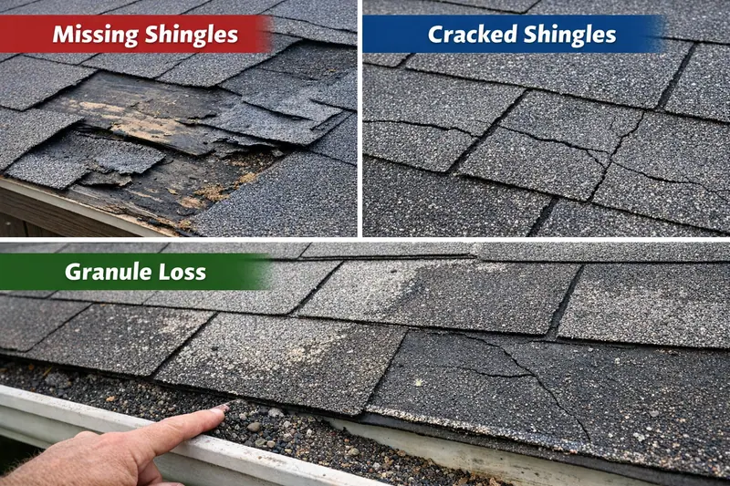 Common roof damage signs including missing shingles, cracked shingles, and granule loss