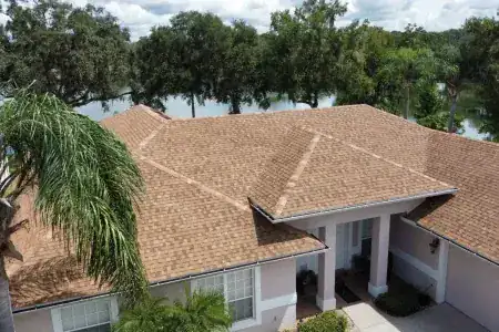 Aerial view of a beige-shingled, single-story house with a driveway, palm trees, and a lake with trees in the background, showcasing recent asphalt shingle roofing for lasting durability and style.