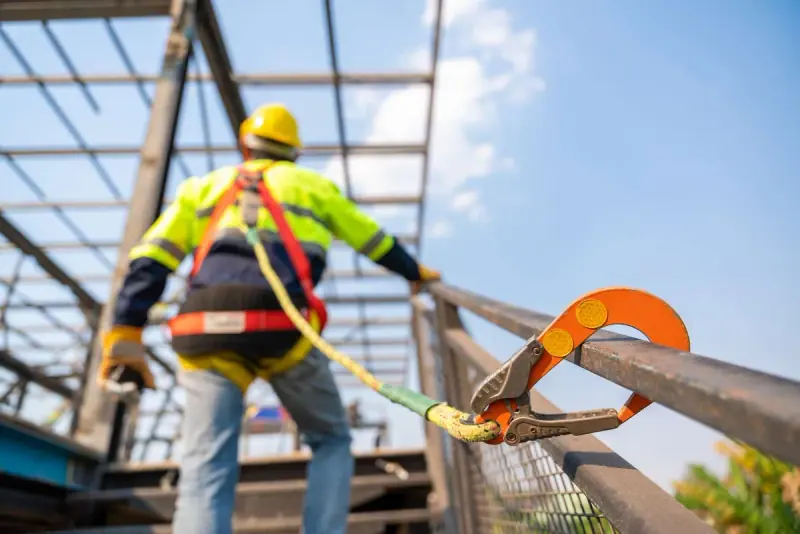 A construction worker wearing safety gear is secured to a metal railing with a harness and lanyard at a building site with a steel frame structure in the background.
