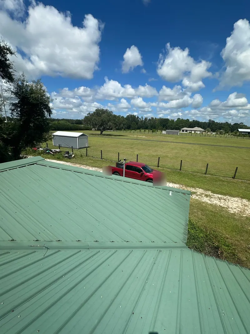 Green exposed-fastener metal roof on a rural Lakeland property, with pasture beyond