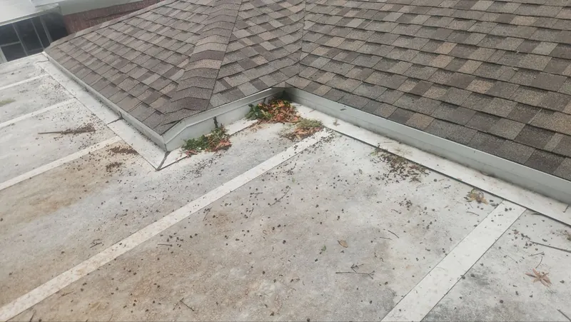 Joint where a shingle roof meets a low-slope roof, with leaves and debris caught at the tie-in