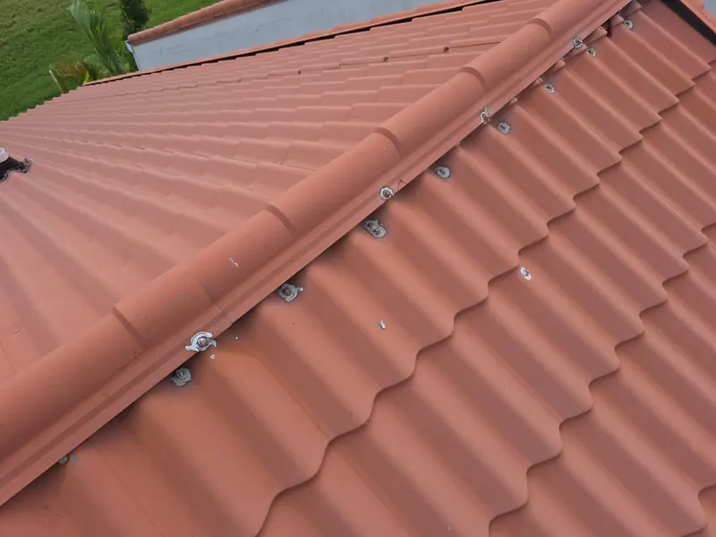 Ridge cap on a red tile-profile metal roof with fasteners along the ridge