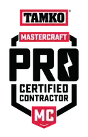 Stacked logos featuring "TAMKO" in white on red, "MASTERCRAFT" in white on red, and "MC"—the mark of a trusted roofing company in Winter Haven—on a red badge with a white checkmark.