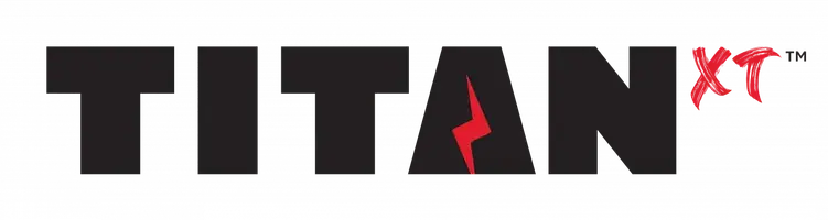 The image shows the word "TITAN" in bold black letters with a red lightning bolt in the "A" and "XT" in red brushstroke style letters to the upper right—representing a dynamic roofing company in Winter Haven.