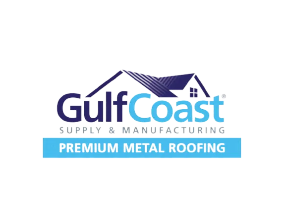 Logo for Gulf Coast Supply & Manufacturing, a trusted roofing company in Winter Haven, featuring a stylized roof graphic and the text "Premium Metal Roofing" on a blue banner below.