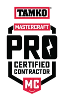 Stacked logos featuring "TAMKO" in white on red, "MASTERCRAFT" in white on red, and "MC"—the mark of a trusted roofing company in Winter Haven—on a red badge with a white checkmark.