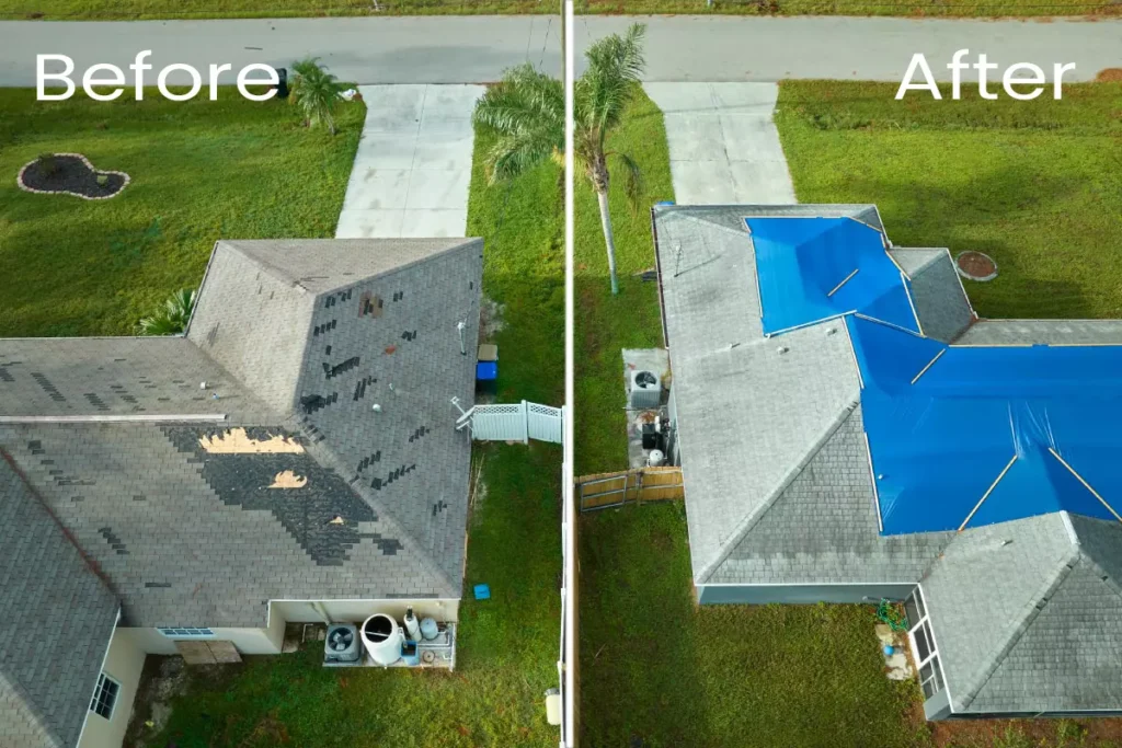 Aerial view of a house roof before and after repair; left side shows damaged shingles, right side shows the roof covered with blue tarps.