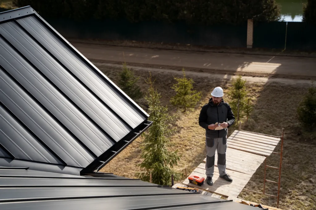 A construction worker in a hard hat stands on a wooden platform next to a black metal roof, holding a clipboard and inspecting the work.
