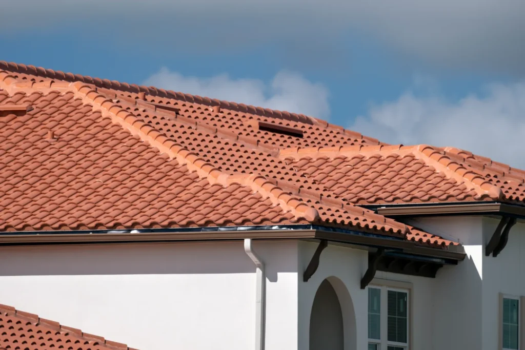 Close-up view of a house roof with red clay tiles, white exterior walls, arched windows, and blue sky with clouds—expertly maintained by Budget Roofing, a trusted roofing company in Winter Haven.