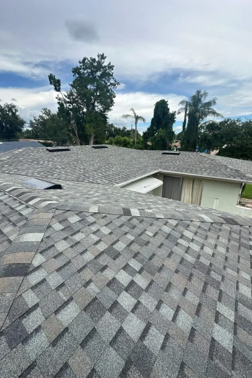 View of a residential rooftop with gray asphalt shingles, surrounded by trees and a partly cloudy sky—expertly installed by Budget Roofing Service Inc, your trusted roofing company in Winter Haven.