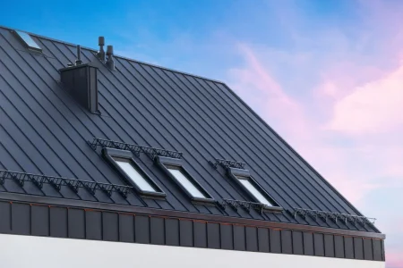 Modern house roof with black metal panels, skylights, and snow guards against a blue sky with pink clouds—expertly installed by Budget Roofing Service Inc, your trusted roofing company in Winter Haven.