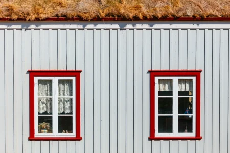 A white wooden wall with vertical panels features two red-framed windows and a roof covered with dry, yellow grass.