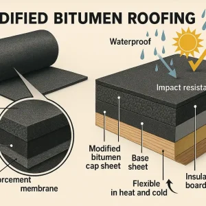 Diagram of modified bitumen roofing showing its layered structure and features, including waterproof, UV resistance, impact resistance, and flexibility in heat and cold.