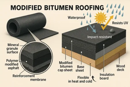 Diagram of modified bitumen roofing showing its layered structure and features, including waterproof, UV resistance, impact resistance, and flexibility in heat and cold.