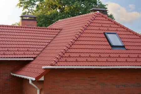 A house with red clay roof tiles, a skylight window, two brick chimneys, and brick walls, surrounded by trees under a partly cloudy sky—a testament to quality from a top roofing company in Winter Haven.
